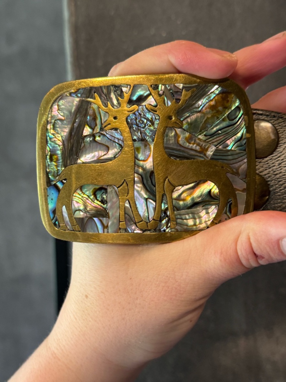 Brass Deer Abalone Inlay Belt Buckle and Leather Belt